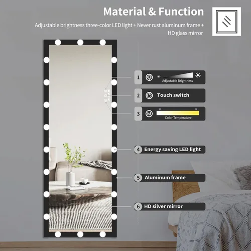 Miniatura 2 de ANYHI Espejo de cuerpo entero con luces, 62.6 x 23.3 pulgadas, espejo LED de cuerpo entero de pie con 22 bombillas regulables, espejo de piso