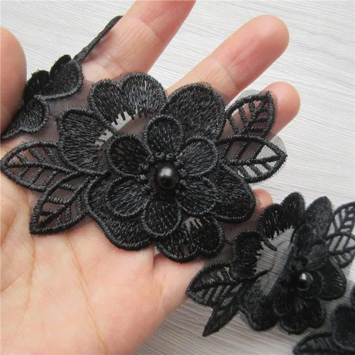 Miniatura 9 de 2 yardas de encaje de flores 3D con perlas bordadas, de poliéster, cinta de encaje con aplicación de patchwork para vestido de novia, manualidades