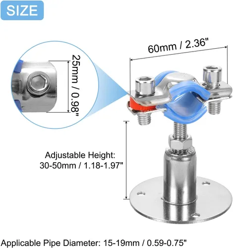 Miniatura 2 de uxcell Soporte de tubería de acero inoxidable para montaje en pared, soporte de tubo de montaje en techo, altura ajustable de 1.181-1.969 in
