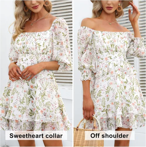 Miniatura 4 de EXLURA - Vestido corto de verano para mujer vestido con estampado floral diseño escalonado con volantes cuello cuadrado manga larga y hombros