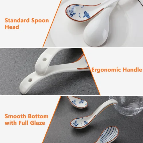 Miniatura 3 de Juego de 4 cucharas de sopa chinas, cucharas coreanas de porcelana para albóndigas de cereales de fideos Pho