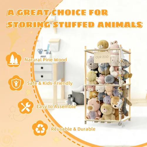 Miniatura 3 de Organizador de almacenamiento de animales de peluche, soporte de madera para juguetes de zoológico para habitaciones, salas de juegos y dormitorios