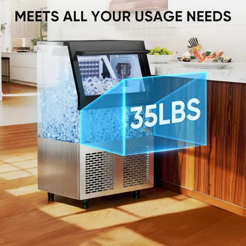 Miniatura 7 de Coolski Máquina de hielo comercial, 200 libras por día, máquina de hielo independiente de acero inoxidable, 45 cubos en 12 minutos, autolimpiante