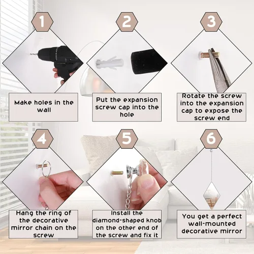Miniatura 4 de Suzile Juego de 6 espejos de pared de diamantes con cadena para colgar con marco de mango de diamante, espejo de cadena decorativo para entradas
