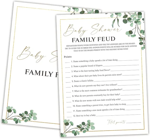 Miniatura 26 de Family Feud - Juego de baby shower, paquete de 30 tarjetas, clave de respuestas, decoraciones de género neutro, suministros de juego