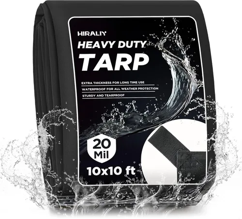 Miniatura 18 de HIRALIY Lona impermeable resistente de 20 mil, lona negra de 7 x 12 pies con bucles de cincha reforzados, lona de tela Oxford multiusos para leña