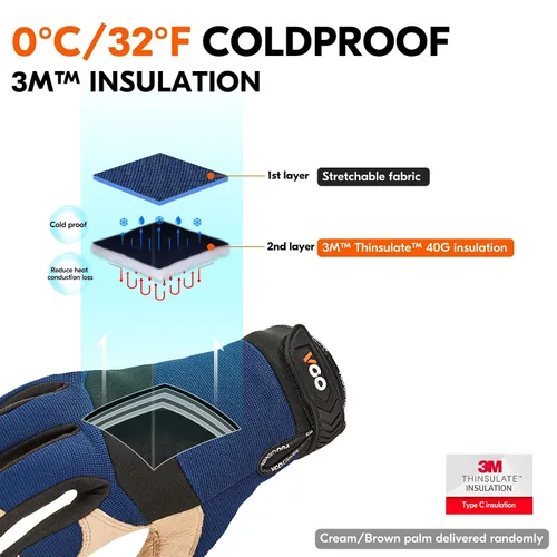 Miniatura 3 de Vgo... 1 par de guantes de trabajo de seguridad de cuero de piel de cerdo con forro para 32℉ o superior, cálidos para invierno frío, almacenamiento