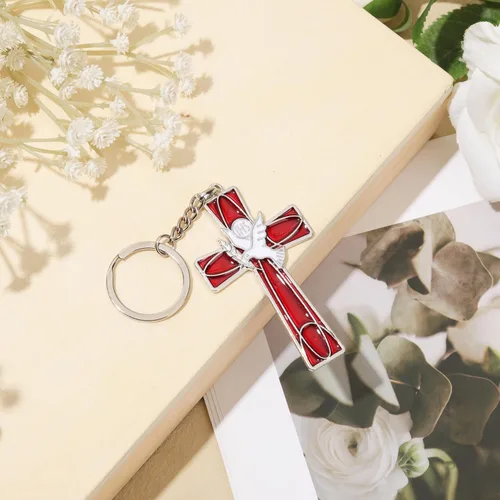 Miniatura 5 de PEUTIER 12 llaveros de cruz de paloma del Espíritu Santo rojo, llaveros de cruz y paloma con bolsas de gasa, recuerdos de confirmación católica
