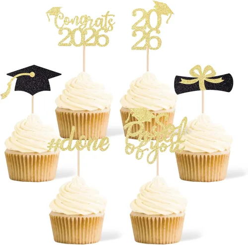 Miniatura 9 de 36 adornos para cupcakes de graduación de clase 2026, con purpurina azul de doble cara para suministros de fiesta de graduación, decoraciones