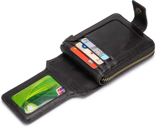 Miniatura 3 de BAIGIO Billetera de cuero genuino con cremallera alrededor de RFID bloqueo billetera plegable vintage multi tarjetero monedero, Negro -, Cartera Rfid