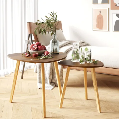 Miniatura 4 de BAMEOS Mesa auxiliar triangular anidable de bambú, juego de 2 mesas de café modernas y minimalistas para sala de estar (Nogal)