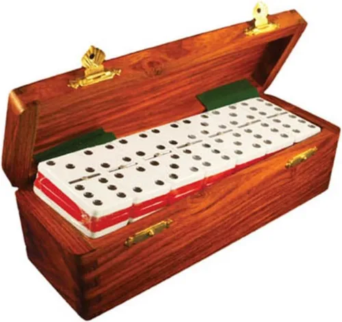 Marion Dominó Doble Seis Dos Tonos Rojo y Blanco Tamaño de Torneo Jumbo Profesional con Giradores en Caja de Madera Dovetail Sheesham. Dos tonos