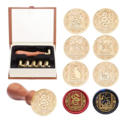 SWANGSA Juego de sellos de cera, 6 cabezales de sello de cera vintage y 1 mango de madera para invitaciones de fiesta de boda, cartas, sobres,