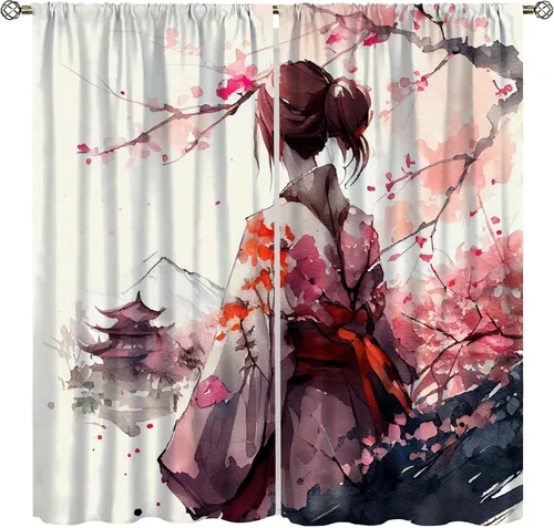 Miniatura 9 de Cortinas de geisha japonesas, flores rosas, ramas de árbol, sexy, glamour, para mujer, encantador, estética, oriental, con bolsillo para barra