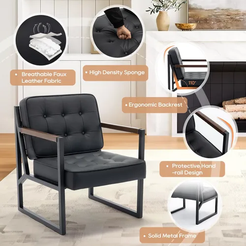 Miniatura 4 de COLAMY Juego de 2 sillas decorativas modernas de mediados de siglo, cómoda silla de sala de estar, silla decorativa de cuero negro, sillón