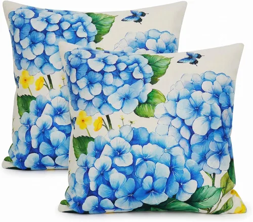 Miniatura 10 de Blue Hydrangea Floral Decor Outdoor Lumbar Pillow Covers Waterproof 12x20 Inch Set of 2, Summer Hydrangea Flower Decorative Pillows for Porch Couch