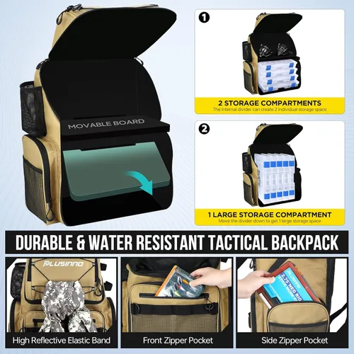 Miniatura 6 de PLUSINNO - Mochila de pesca con portacañas y enfriador de 45L, mochila grande resistente al agua para aparejos de pesca, ideal para guardar