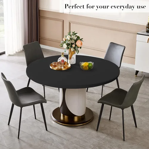 Miniatura 7 de ManMengJi Paquete de 2 manteles redondos ajustables color negro con bordes elásticos, impermeable, resistente a las manchas, para uso en exteriores