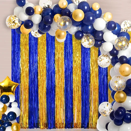 Miniatura 6 de LOLStar Paquete de 2 decoraciones de fiesta azul marino y dorado, cortinas de flecos de aluminio de 3.3 x 6.6 pies, telón de fondo de oropel