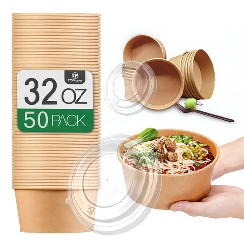 Miniatura 7 de TOPtoper Paquete de 50 cuencos de papel grandes de 25 onzas con tapas, cuencos desechables para servir sopas, suministros de fiesta a granel