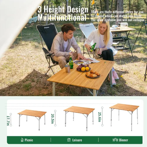 Miniatura 6 de KingCamp Mesa de camping plegable de altura ajustable, mesa plegable de bambú de 4 partes para RV, camping al aire libre, portátil, mesa