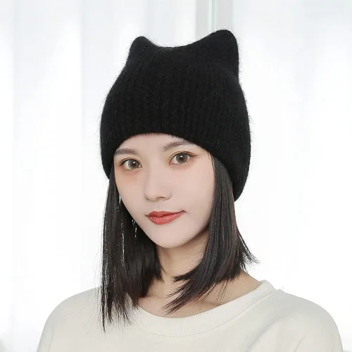Miniatura 2 de Gorro de punto de lana con orejas de gato lindo para mujer gorro térmico de doble capa