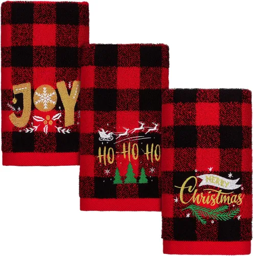 Miniatura 8 de MCEAST Paquete de 3 toallas de mano navideñas de gran tamaño de 25 x 14 pulgadas, toallas de cocina de Navidad 100% algodón, toallas decorativas Rojo