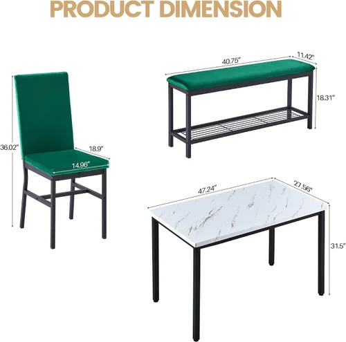 Miniatura 3 de YOFE Juego de mesa de comedor para 4, mesa de cocina de mármol sintético, juego de sillas de mesa de cocina con sillas de terciopelo, banco con red