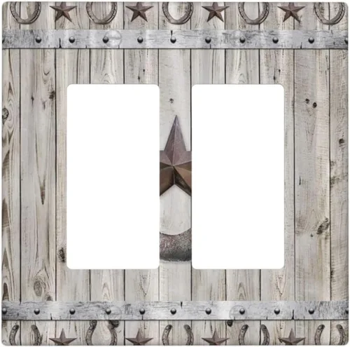 Miniatura 136 de Cubiertas de pared de estilo rústico occidental de madera puerta de granero herradura de hierro estrella placas de pared simple dúplex cubiertas