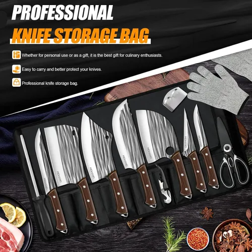 Miniatura 2 de MDHAND 14 piezas de juego de cuchillos de carnicero profesional con bolsa enrollable, juego de cuchillos de chef serbios forjados a mano, cuchillos