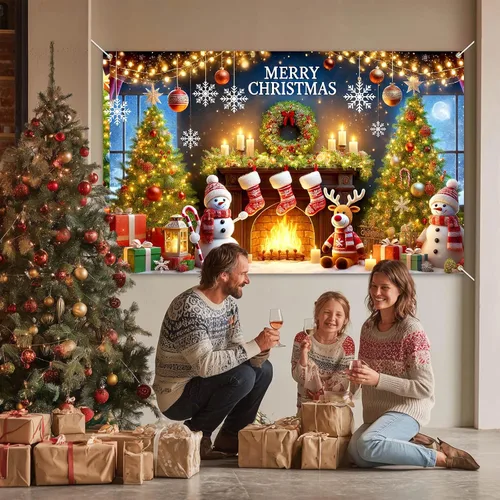 Miniatura 2 de BlissYard Pancarta de Fondo Navideño Escena de Chimenea con Muñeco de Nieve Reno Medias Guirnalda Árbol Regalos Decoración de Fiesta Navideña 71×43