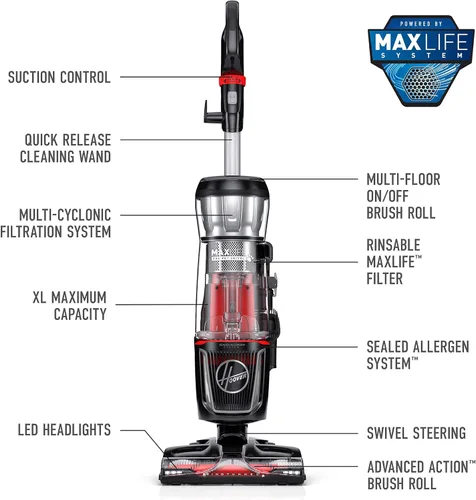 Miniatura 8 de Hoover MaxLife Pro - Aspiradora giratoria para mascotas, aspiradora vertical sin bolsa, filtración de medios HEPA, para alfombras y suelos duros