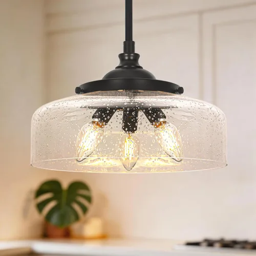 Miniatura 10 de 3 luces colgantes ajustables para isla de cocina, metal cepillado dorado y vidrio transparente, luces colgantes de latón vintage para baño, pasillo