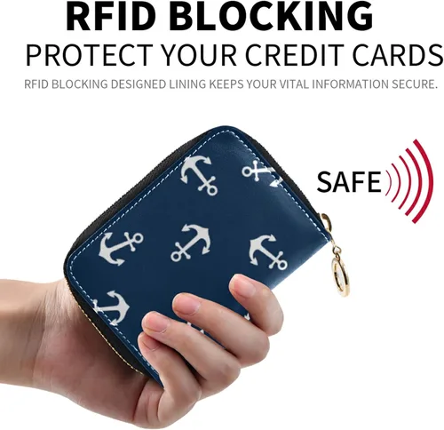 Miniatura 2 de OTVEE Funda para tarjetas de crédito RFID, billetera de cuero de microfibra con cremallera para mujer, Anclas, Cartera Rfid