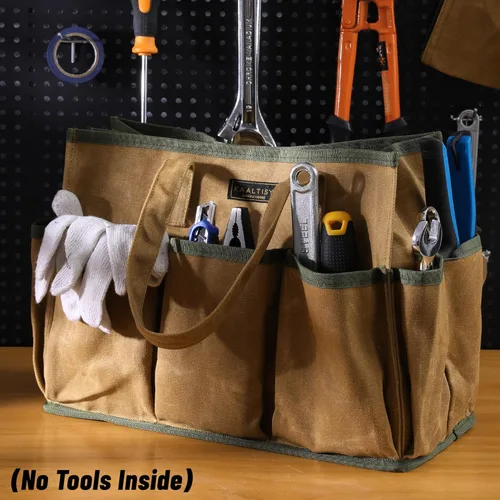 Miniatura 8 de Bolsa de herramientas de lona encerada de 16 onzas Bolsa de almacenamiento de herramientas de gran capacidad con 10 bolsillos externos Caqui
