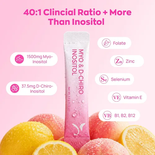 Miniatura 5 de Gynable - Suplemento de mio-inositol y D-Chiro inositol para mujeres, proporción 40:1, paquetes de mezcla de bebida en polvo de melocotón, apoya