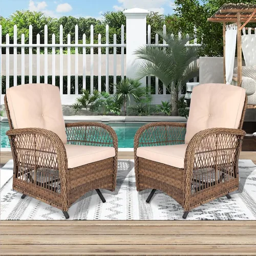 Miniatura 7 de VIVIJASON Silla mecedora de mimbre para exteriores, 2 piezas, sillas mecedoras de ratán para patio con cojines y marco de acero, muebles de mimbre