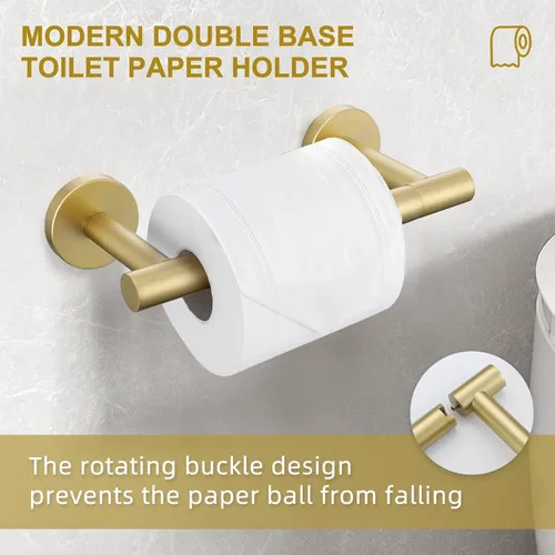 Miniatura 3 de Soporte de papel higiénico dorado cepillado para montaje en pared, soporte de rollo de papel higiénico grande de doble base, accesorios de acero