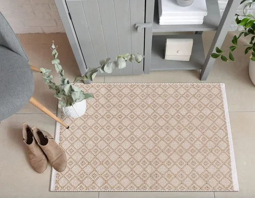 Miniatura 6 de Alfombra de algodón tejida con diamantes de 2 x 3 pies, color beige, antideslizante, decorativa, duradera, bohemia, ideal para entrada, cocina