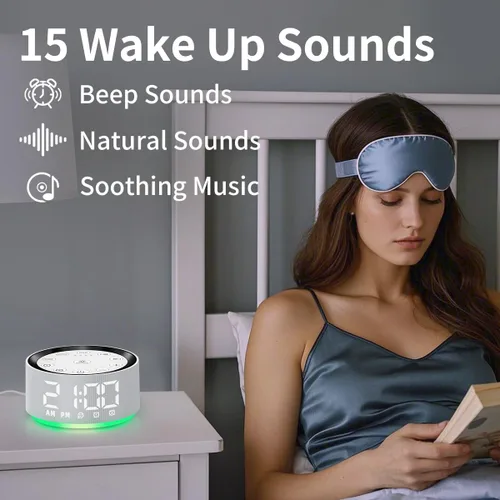 Miniatura 5 de Máquina de sonido blanco y marrón con 30 sonidos de sueño para bebés, niños y adultos, luz nocturna, reloj despertador para dormitorio, 2 alarmas