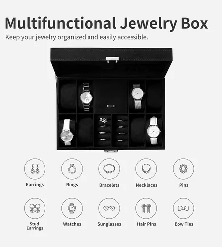 Miniatura 6 de Oyydecor Joyero organizador de caja de reloj con 8 ranuras para almacenamiento de relojes, estuche organizador de joyas con espejo (negro)