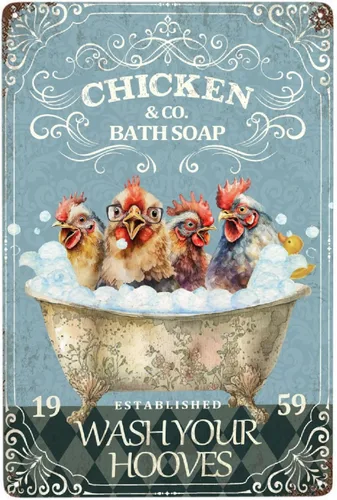 JOCASA Divertida decoración de pollo para baño y bañera, póster de metal vintage, decoración de granja, letrero de metal retro de aluminio para el