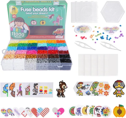 Artkal Kit de cuentas fusibles de 11,000 piezas de 36 colores, con 5 tableros de clavijas, 2 pinzas, 48 patrones, kit de cuentas fusibles