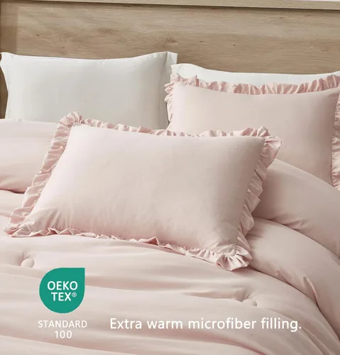 Miniatura 4 de Chezmoi Collection Nora Blush - Juego de edredón tamaño individual, 2 piezas, ligero, suave, lavado a la piedra, con volantes, ropa de cama Shabby