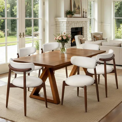 Miniatura 21 de CHUN YI Juego de 2 sillas de comedor tapizadas de madera maciza, sillas auxiliares de cocina de tela moderna de mediados de siglo con respaldo Beige