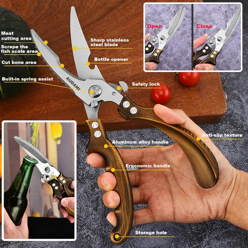 Miniatura 3 de Tijeras para aves de corral, 2 unidades, tijeras de carne resistentes, con resorte de acero inoxidable, tijeras de pavo y pollo, tijeras