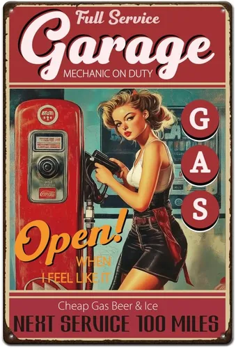 SUPERDANT Letrero de estaño de chica de gasolinera, letreros de estaño de metal vintage, letreros de metal retro, letrero de belleza de gasolinera,