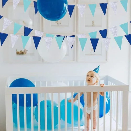 Miniatura 5 de Decoración de fiesta azul marino plateado de 30 pies, banderines triangulares, bandera triangular, guirnalda de papel colgante para cumpleaños, baby
