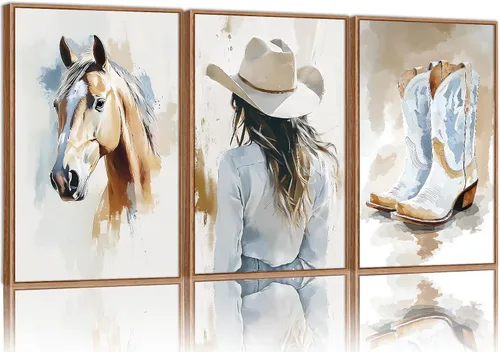YeeHomedec Pósteres Grandes de Vaquera Occidental Enmarcados Juego de Arte de Pared de Lienzo, Decoración de Pared de Caballo Azul y Blanco,