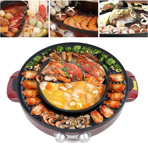 Miniatura 3 de 2 en 1 olla eléctrica portátil 110 V 2200 W barbacoa parrilla placa hogar cocina cocina sartén sartén roja (19.7 x 19.7 pulgadas)